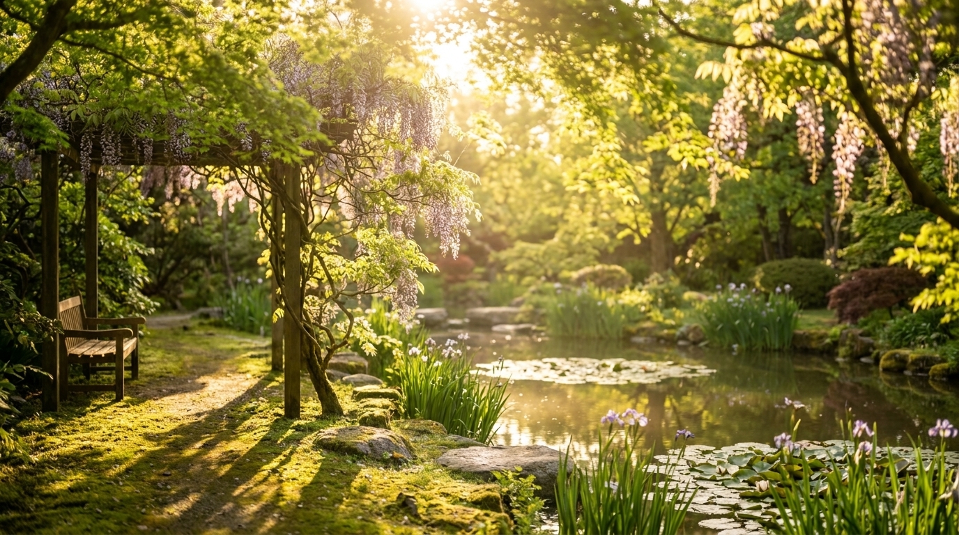 木漏れ日が差し込む静かな庭園の風景